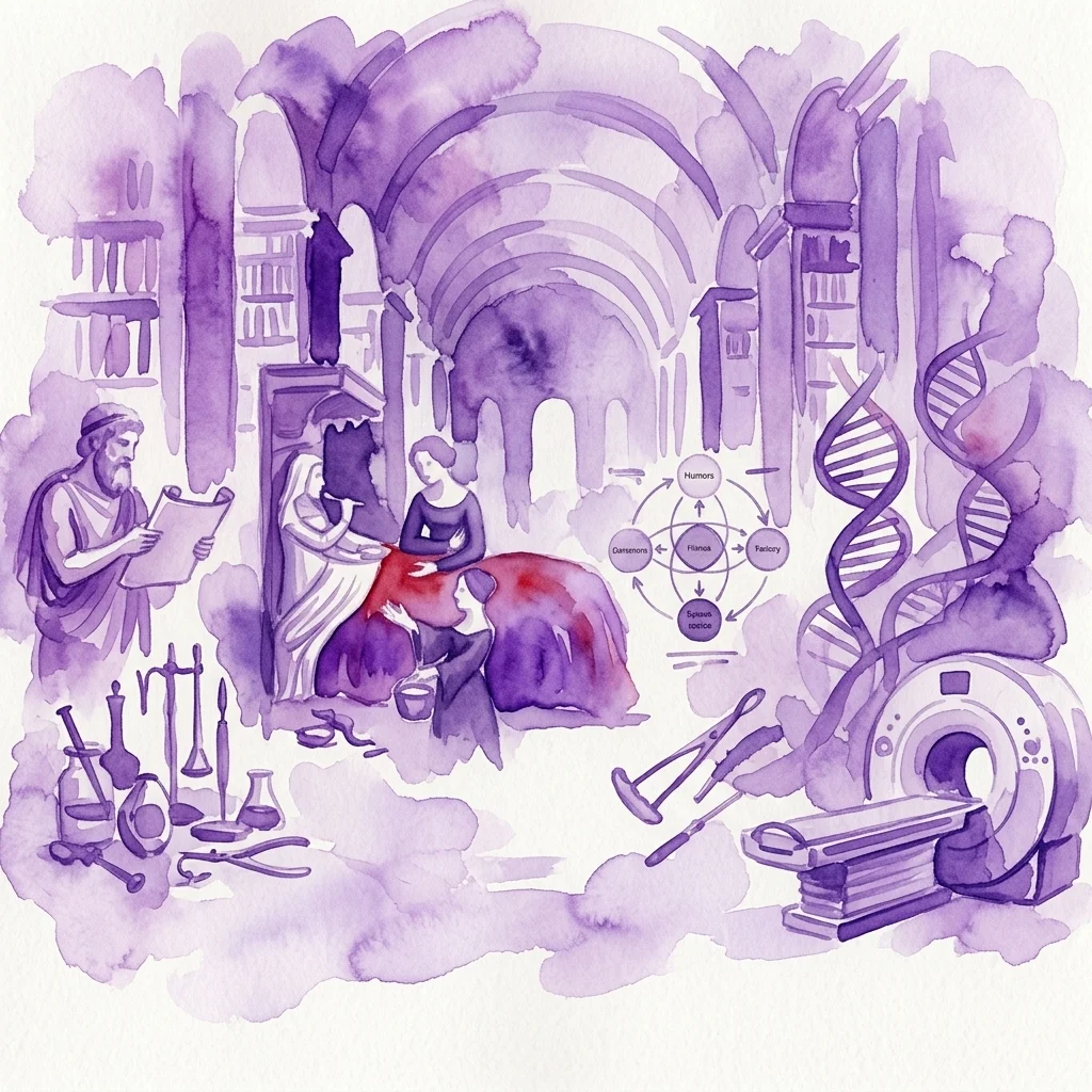 Een geïllustreerd aquareltafereel dat de evolutie van de geneeskunde van de oudheid tot de moderne tijd weergeeft, met historische medische instrumenten, oude teksten, een DNA-helix en een MRI-scanner in een grote zaal.