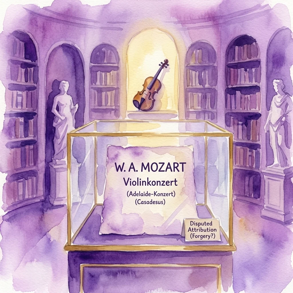Een aquarelillustratie van een museumvitrine met een muziekpartituur getiteld 'W. A. Mozart Violinkonzert (Adelaide-Konzert) (Casadesus)' met daarboven een viool, geplaatst in een bibliotheek met boekenplanken en standbeelden.