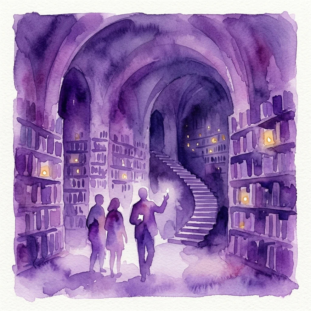 Een aquarelillustratie van een rondleiding door een schemerige, gewelfde boekopslag met booggewelven en boekenplanken, verlicht door warme lampen, met silhouetten van bezoekers die de historische bibliotheek verkennen.