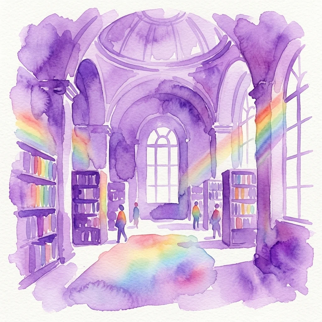 Una ilustración en acuarela de un gran interior de biblioteca con tonos púrpuras y acentos de arcoíris, simbolizando la inclusión y el descubrimiento en la Biblioteca Nacional de Austria durante Que(e)r durch die Österreichische Nationalbibliothek.