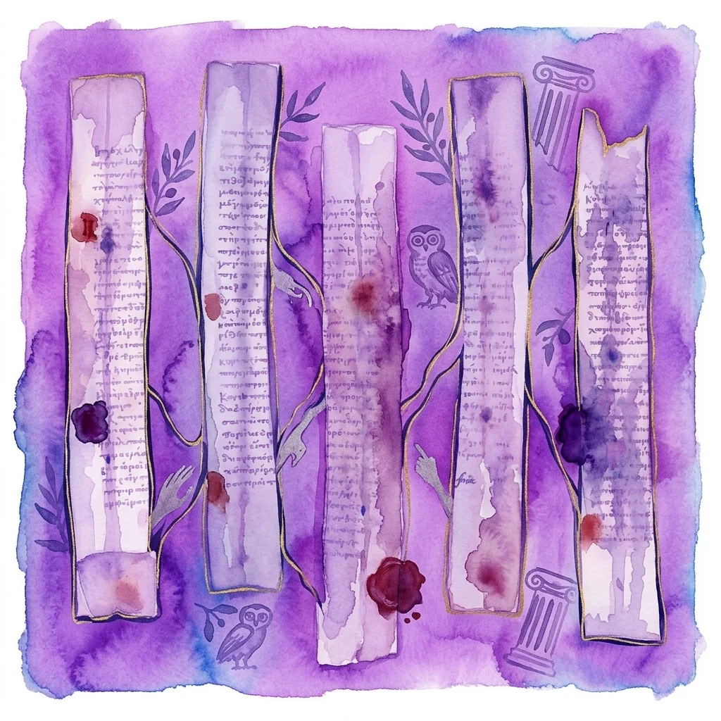 Una ilustración artística en acuarela de fragmentos de papiro de la antigua Grecia con texto visible, representados como tiras verticales sobre un fondo morado, adornados con elementos simbólicos como un búho, ramas de olivo y columnas clásicas.