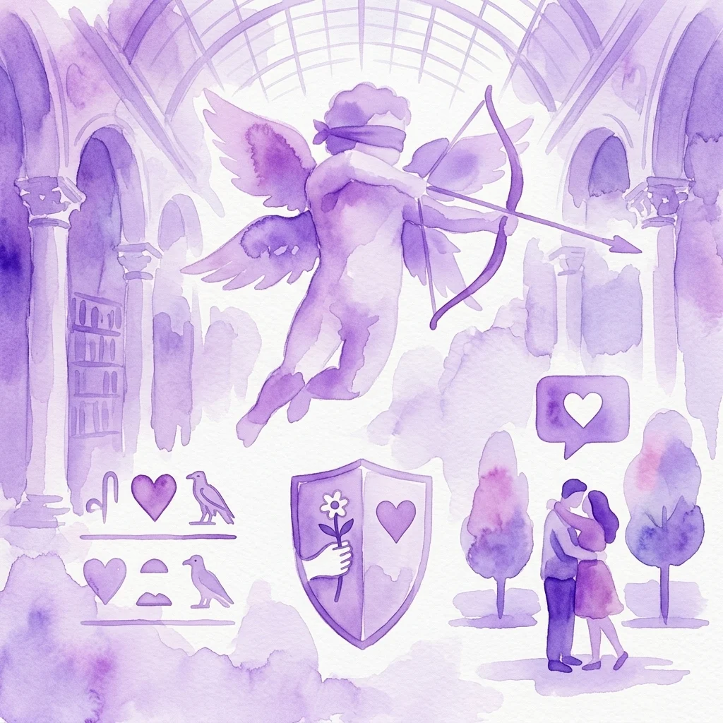 Una ilustración de acuarela morada que representa a Cupido con un arco, una pareja abrazándose, corazones, un escudo con una flor y elementos simbólicos que representan el amor en diferentes épocas históricas en un gran salón.