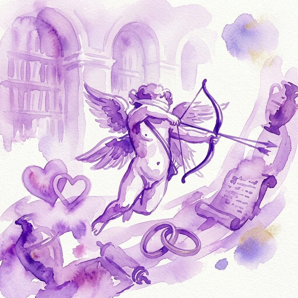 Una ilustración en acuarela púrpura de Cupido con arco y flecha, rodeado de corazones, anillos de boda y pergaminos antiguos en una gran biblioteca, que representa la exposición 'Weltmacht Liebe. Eine Reise durch die Jahrhunderte' en la Biblioteca Nacional de Austria.
