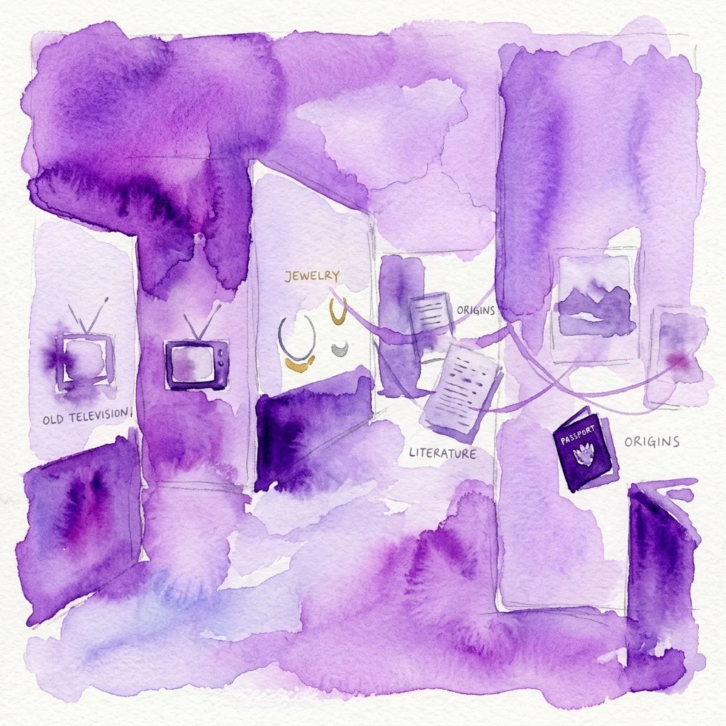 Waterverfillustratie van een galerieopstelling met objecten zoals oude televisies, sieraden, paspoorten en manuscripten, gelabeld 'Origins,' 'Literature,' en 'Jewelry,' die een literaire tentoonstelling over persoonlijke erfgoed voorstellen.