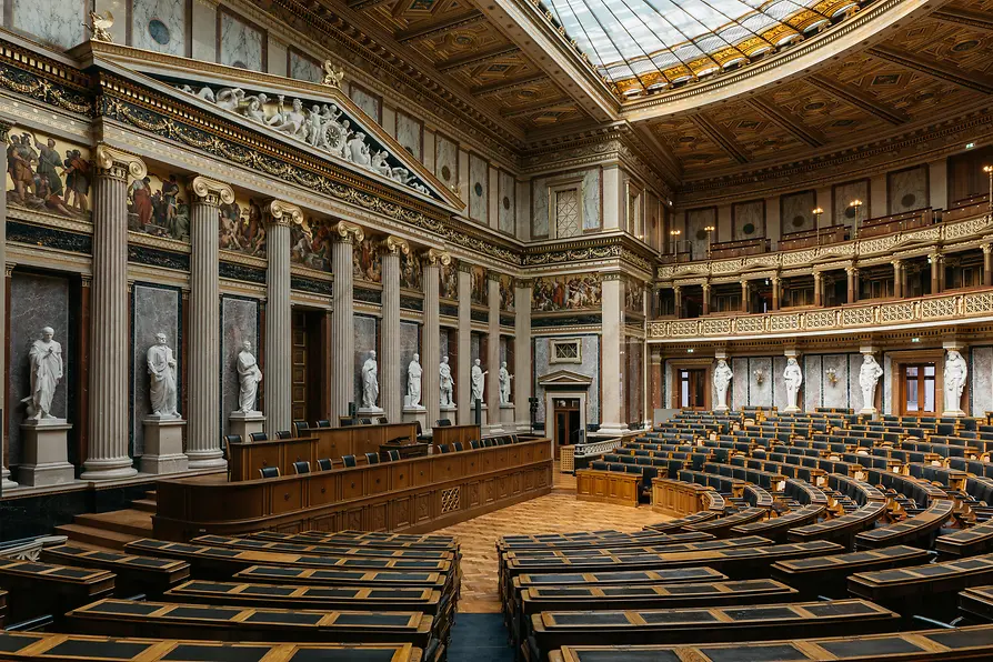 Interieur van een grote parlementaire zaal met klassieke zuilen, beelden en rijen stoelen onder een glazen plafond