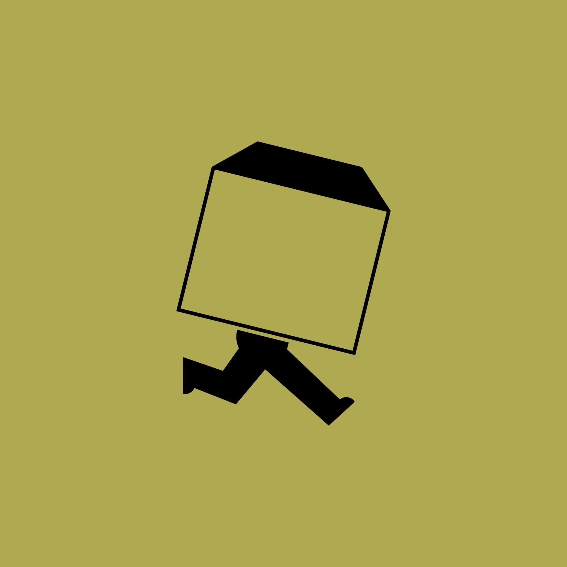 black silhouette of a figure carrying a box on a mustard yellow background