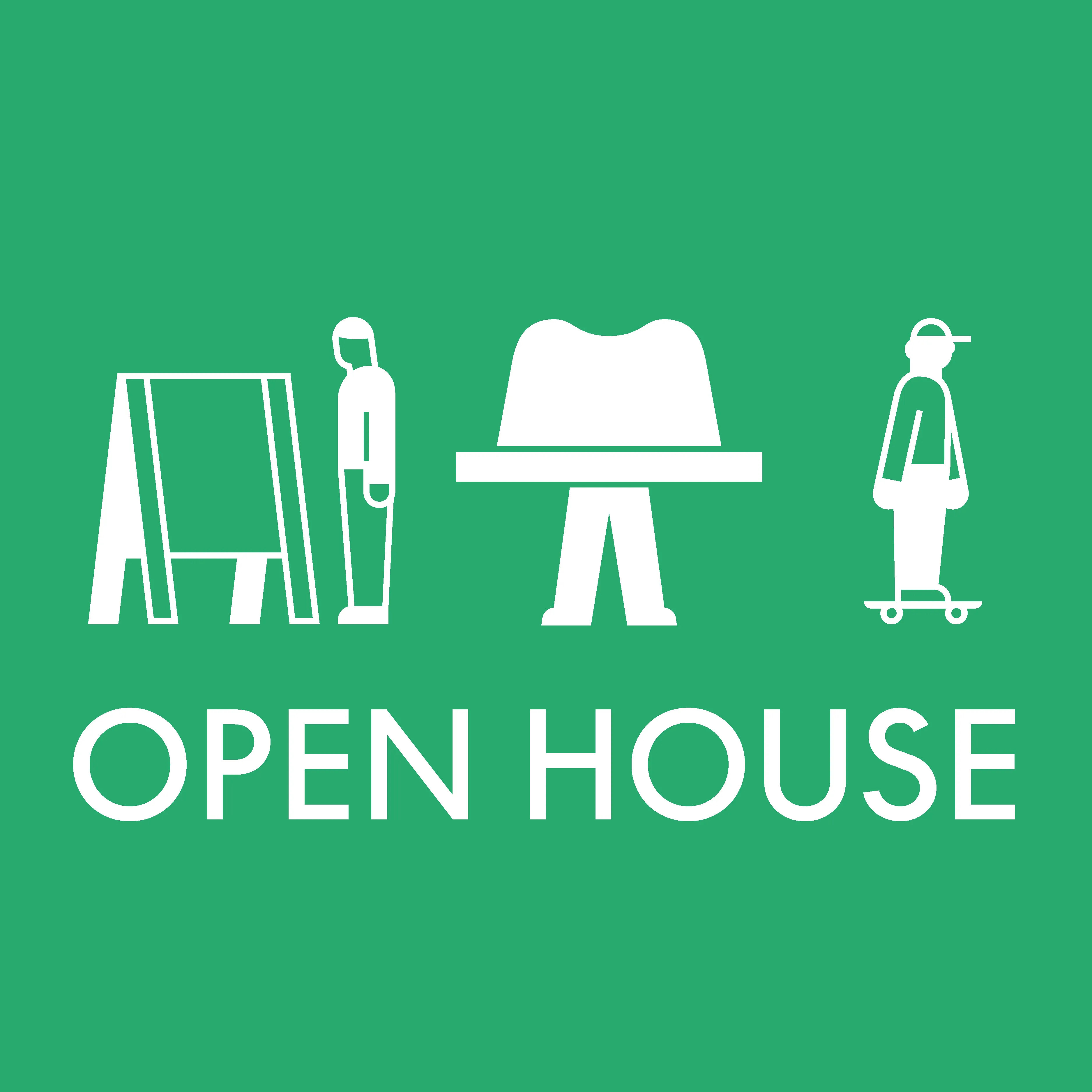Biały tekst 'OPEN HOUSE' i ikony ludzi i przedmiotów na zielonym tle