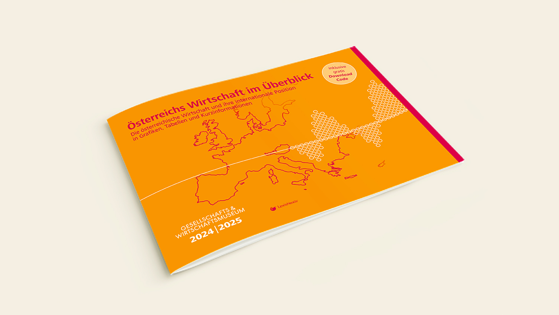 Orange brochure with red map of Europe and German text 'Österreichs Wirtschaft im Überblick'