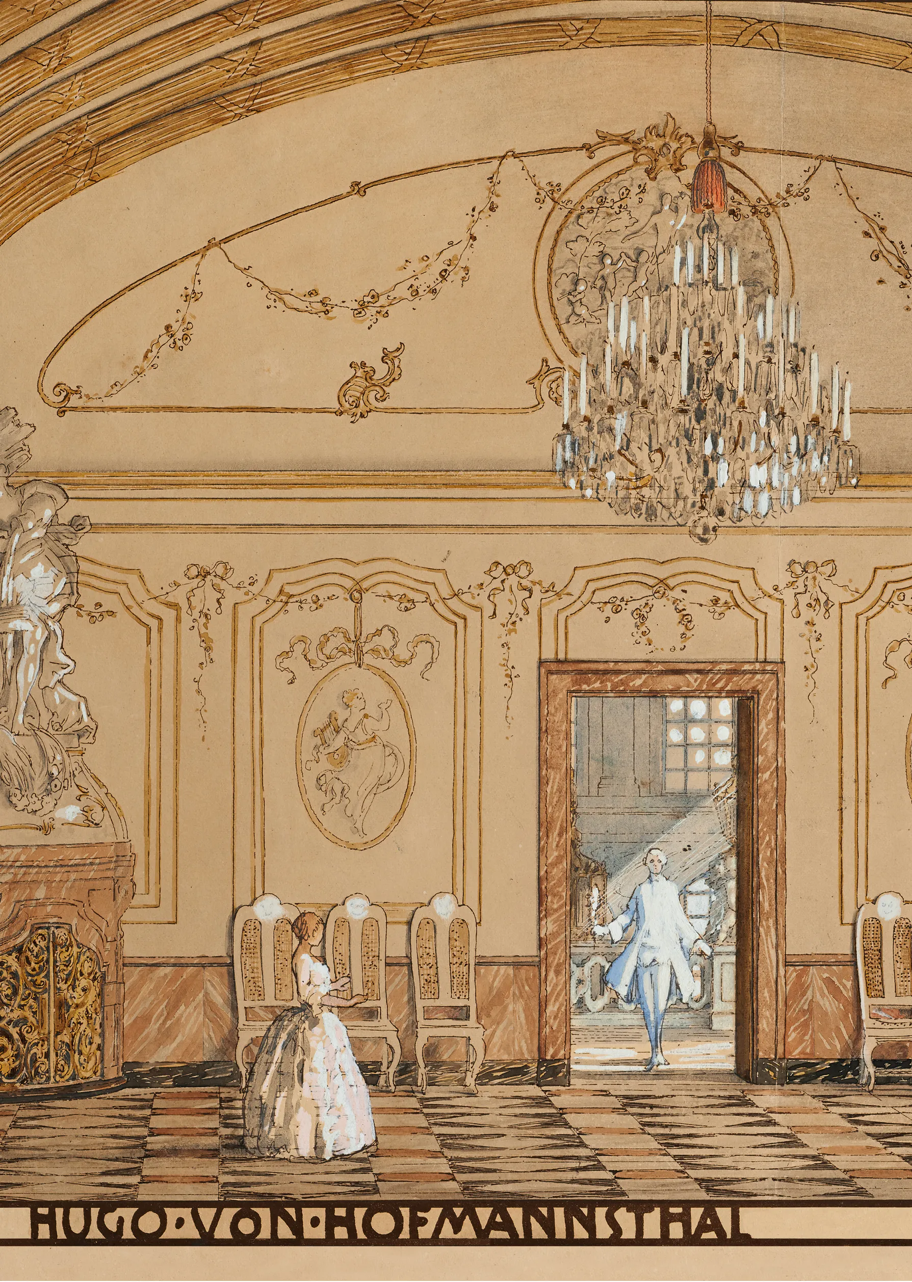 Ornamentalna sala balowa z żyrandolem, ozdobnymi ścianami i postaciami w strojach z epoki, z napisem na dole HUGO VON HOFMANNSTHAL
