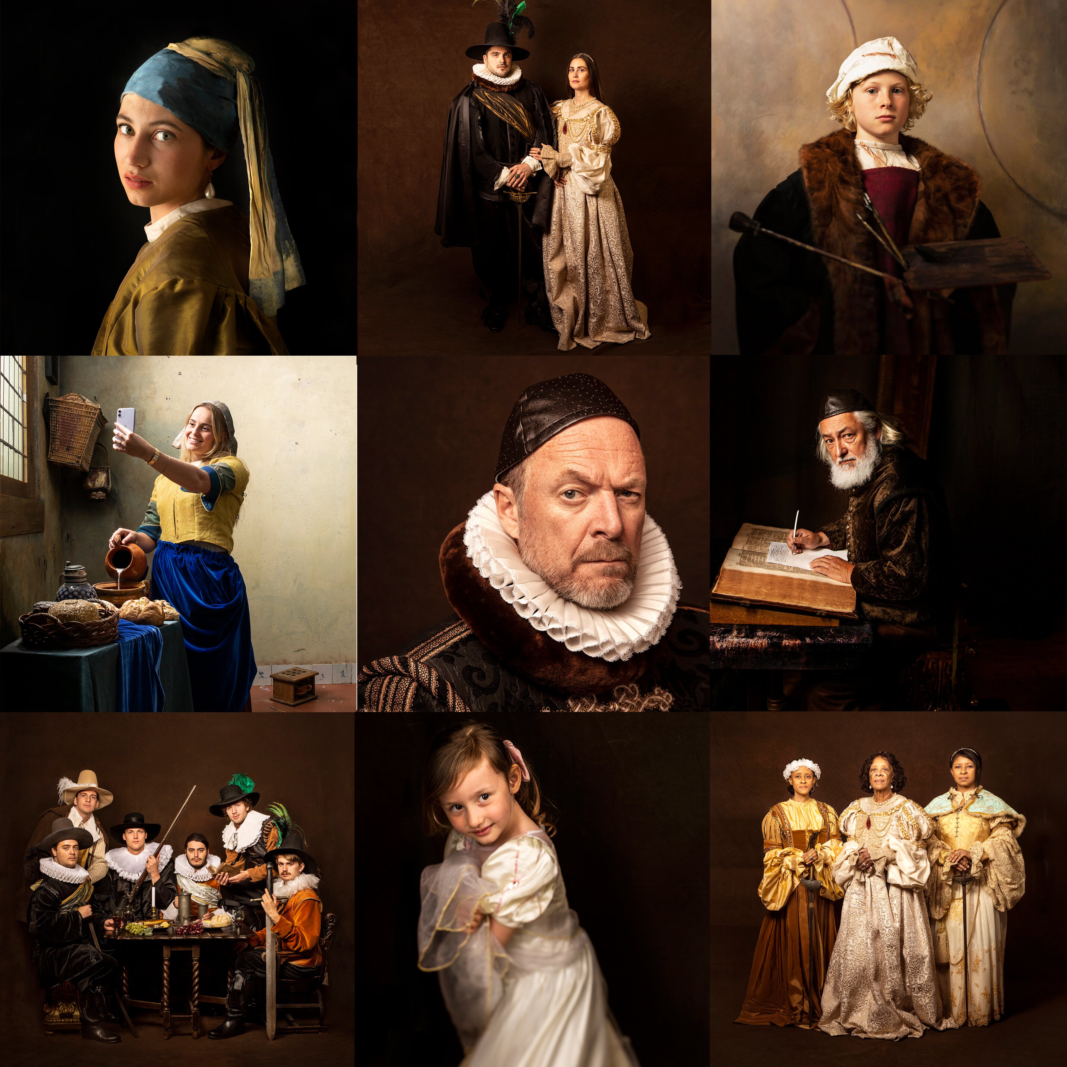 Cuadrícula de nueve pinturas de estilo clásico con giros modernos, que incluyen figuras con atuendos históricos y una persona tomándose una selfie.