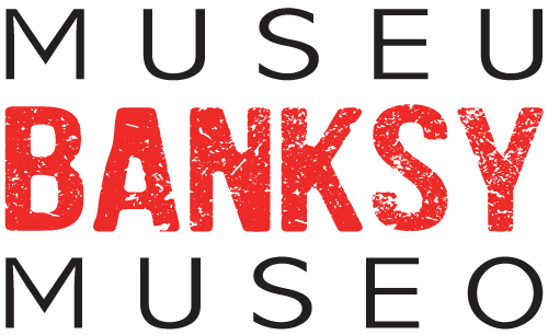 Het Museo Banksy Madrid logo met rode distressed tekst 'BANKSY' en grijze tekst 'MUSEU' en 'MUSEO' op een zwarte achtergrond