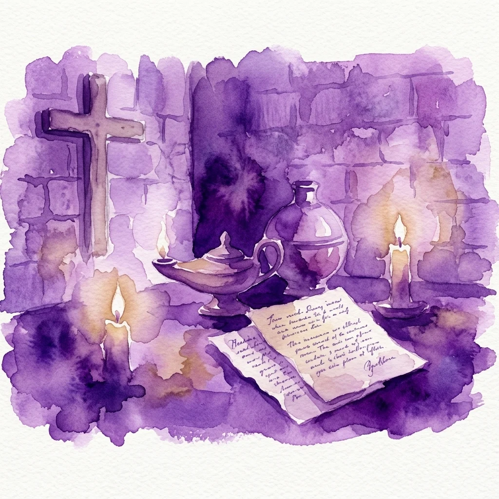 A purple watercolor illustration of a 17th-century scene with a wooden cross on a stone wall, flickering candles, an oil lamp, and handwritten parchment.