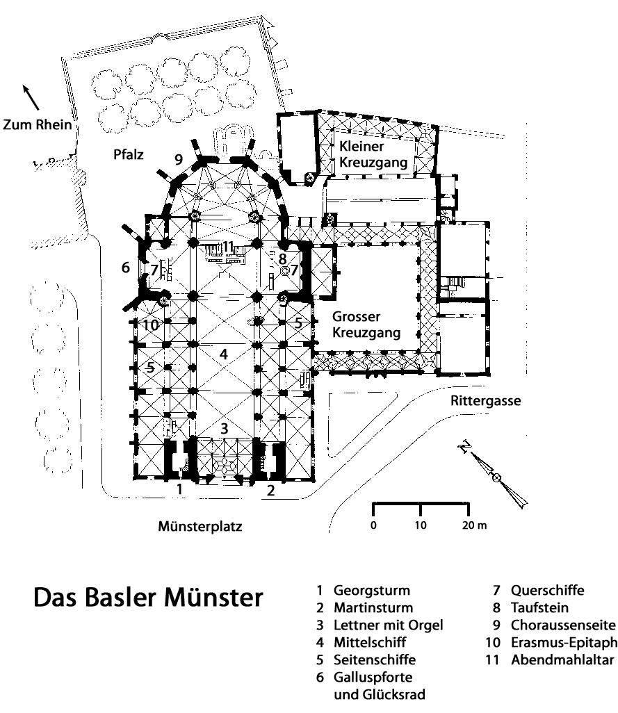 Czarno-biały plan architektoniczny katedry w Bazylei, przedstawiający układ katedry, krużganki oraz otaczające ją tereny wraz z ponumerowaną niemiecką legendą.