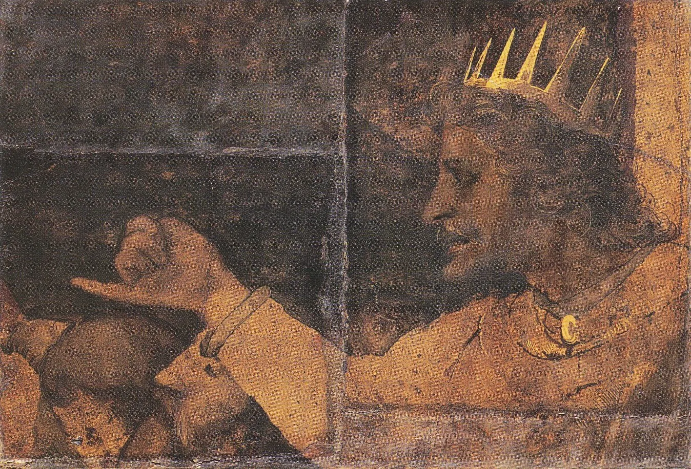 Fragment van een muurschildering van Hans Holbein de Jonge in de raadzaal van het stadhuis van Bazel, met een gekroonde koning in profiel en een opgeheven hand.