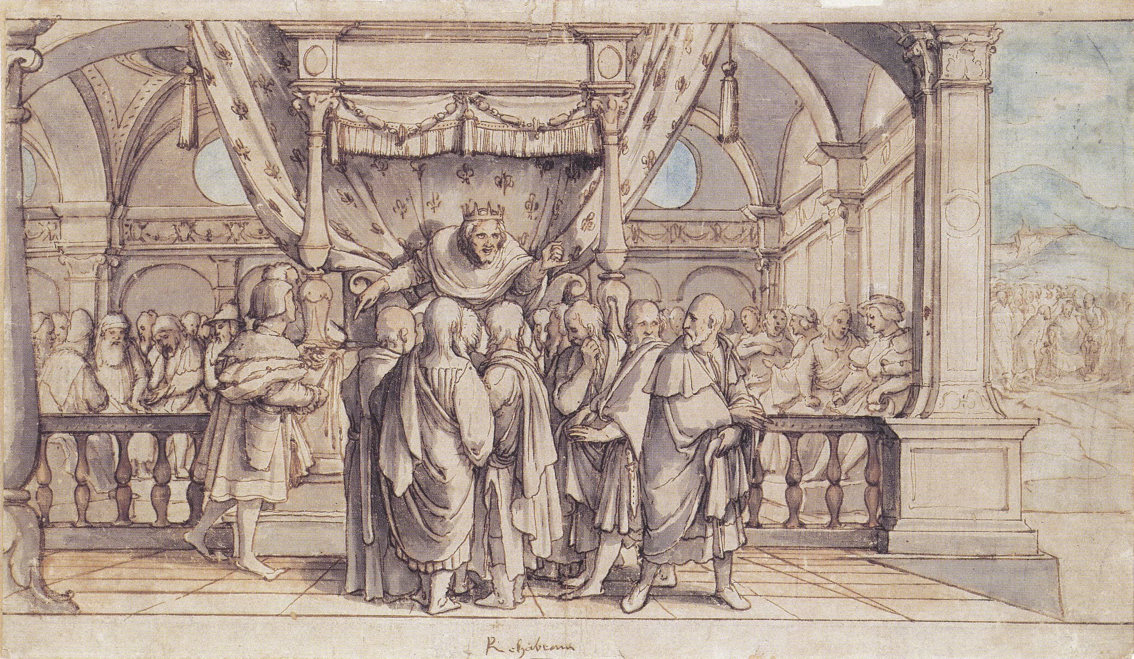 Historische tekening die de onbeschaamdheid van Rehabeam uitbeeldt door Hans Holbein de Jonge, met een gekroonde figuur op een troon onder een baldakijn, omringd door meerdere figuren in een gewelfde binnenruimte met zuilen en een balustrade.