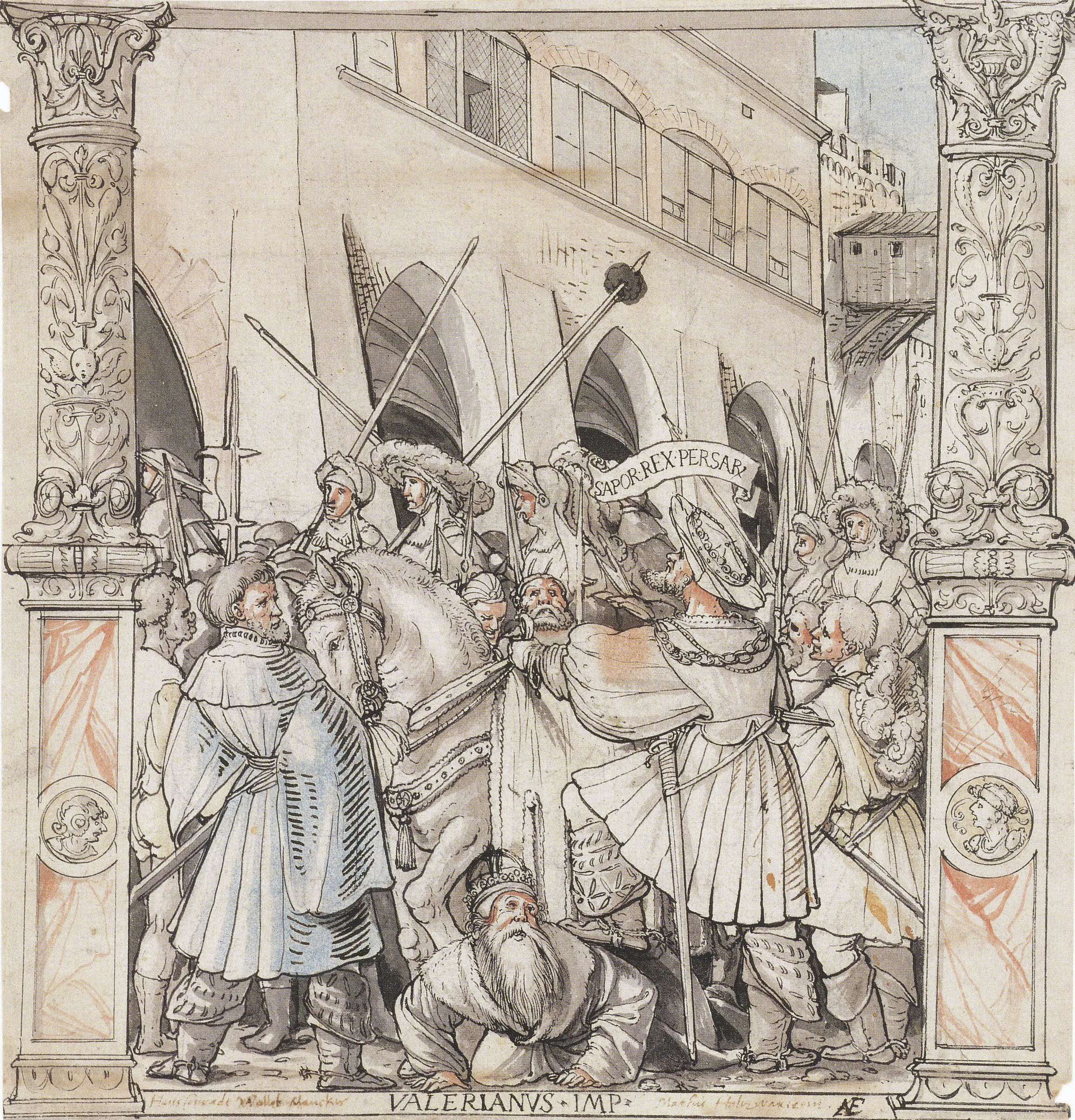 Renaissance-schilderij waarop keizer Valerianus geknield voor de Perzische koning Sjapoer te paard is afgebeeld, ingelijst door sierlijke zuilen met een banier met het opschrift Sapor Rex Persarum en de tekst Valerianus Imp aan de voet.