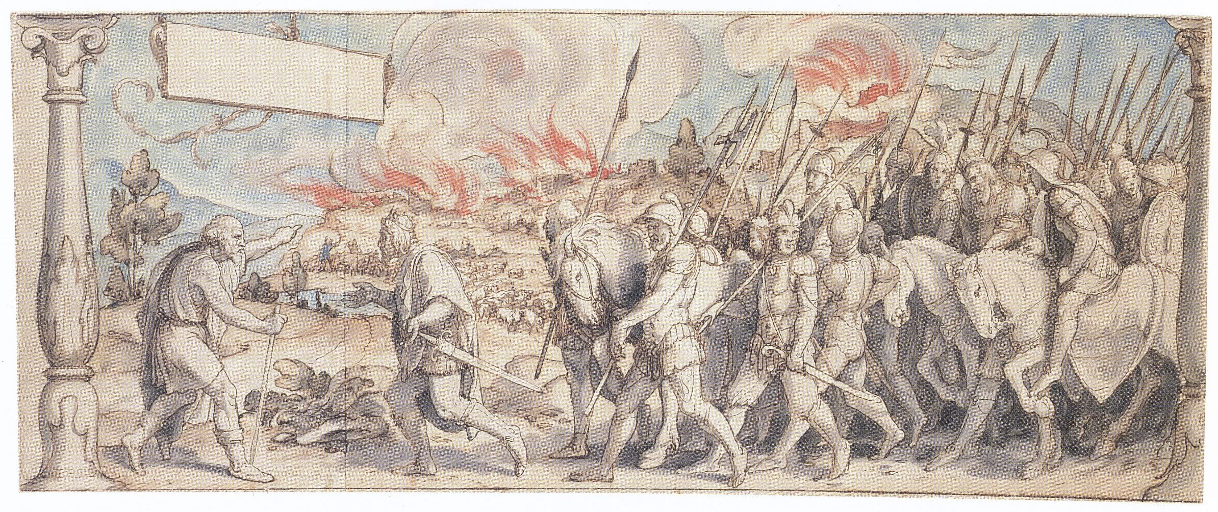 Renaissance-tekening die een bijbels tafereel uitbeeldt met soldaten te paard, speren en vlammen op de achtergrond, toegeschreven aan Hans Holbein de Jonge.