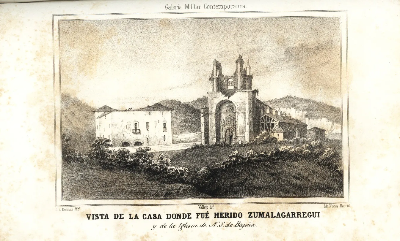 Historyczna litografia przedstawiająca bazylikę Basilica de Begoña z fasadą z dwiema wieżami, łukowym wejściem, otaczającymi budynkami i pagórkowatym krajobrazem, z hiszpańskojęzycznym podpisem poniżej.