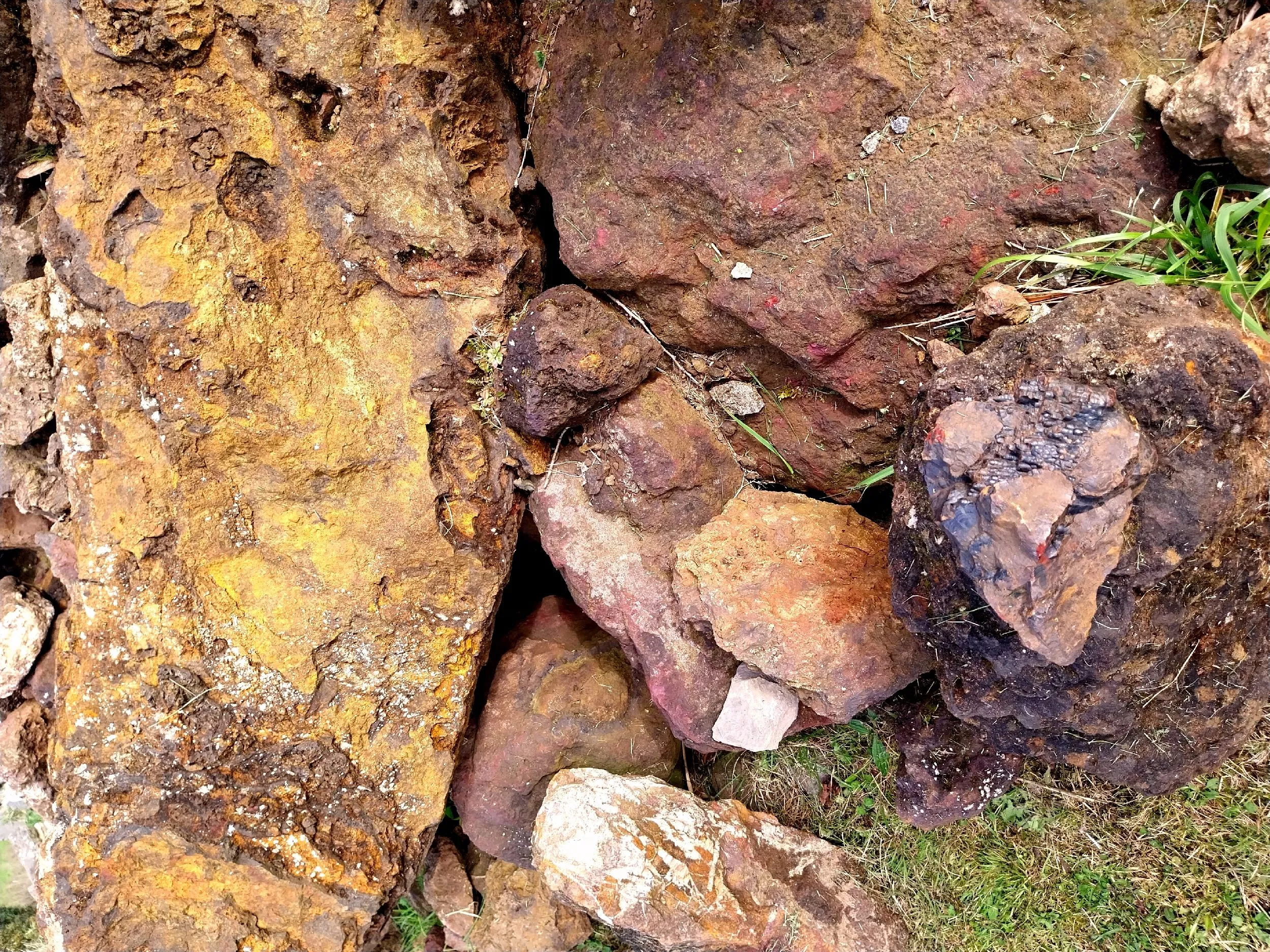 Primer plano de muestras de mineral de hierro de color marrón rojizo y amarillo sobre el césped