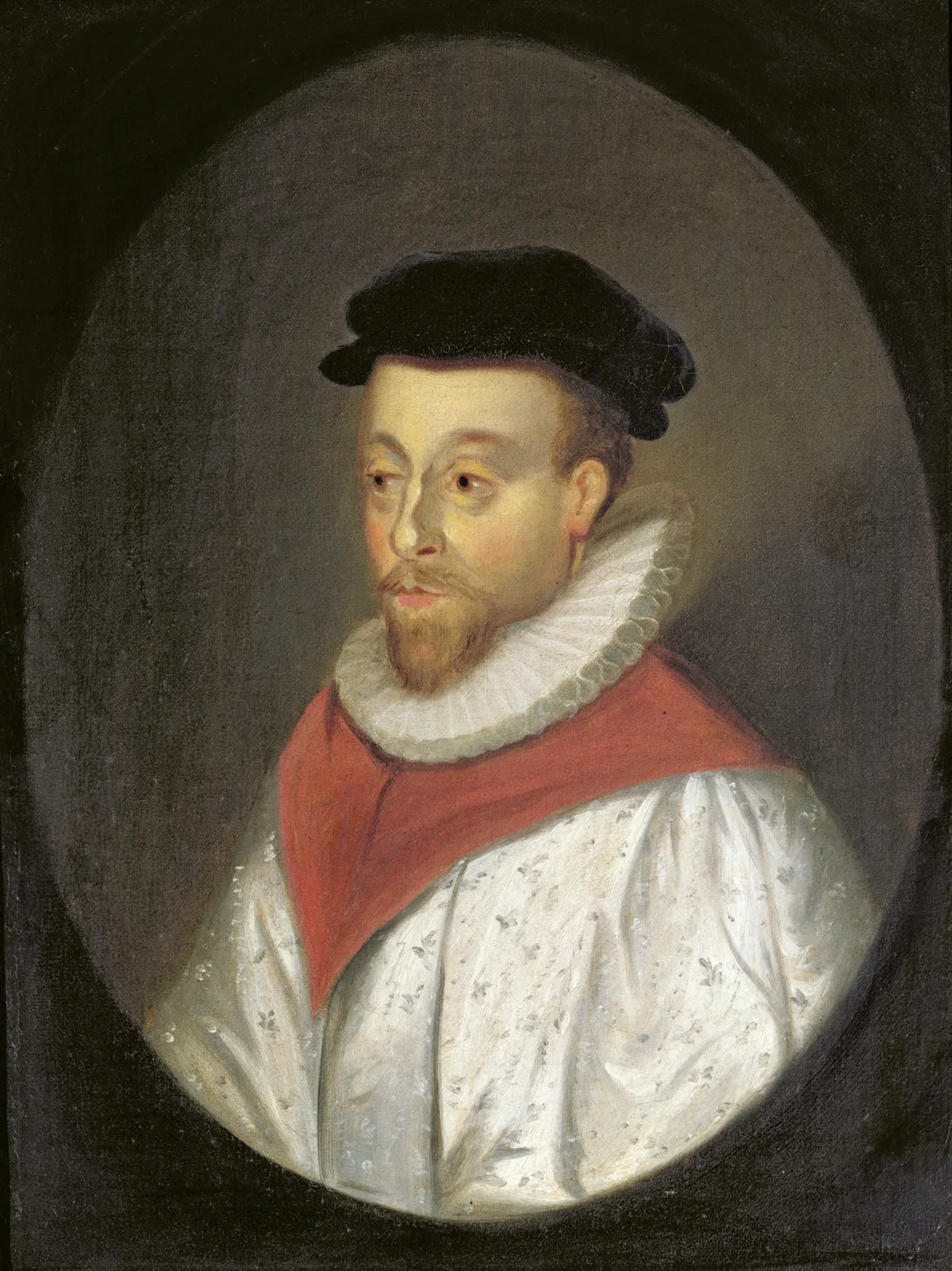 Portrait painting of a bearded man wearing a black cap, white ruff collar, and red garment over a white patterned doublet, set within an oval frame against a dark background