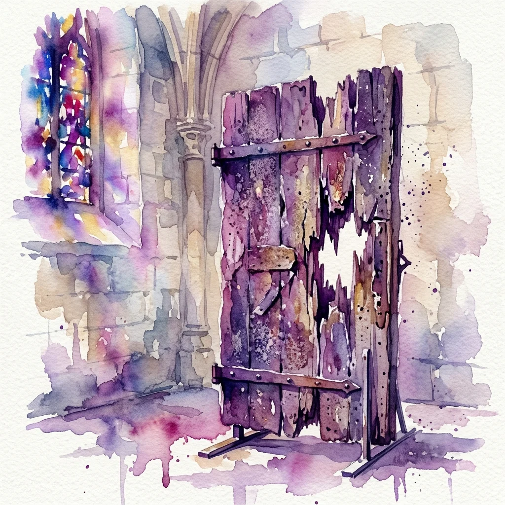 Watercolor painting of a splintered, bomb-damaged wooden door with iron hinges standing in a stone chapel beside a stained glass arched window.