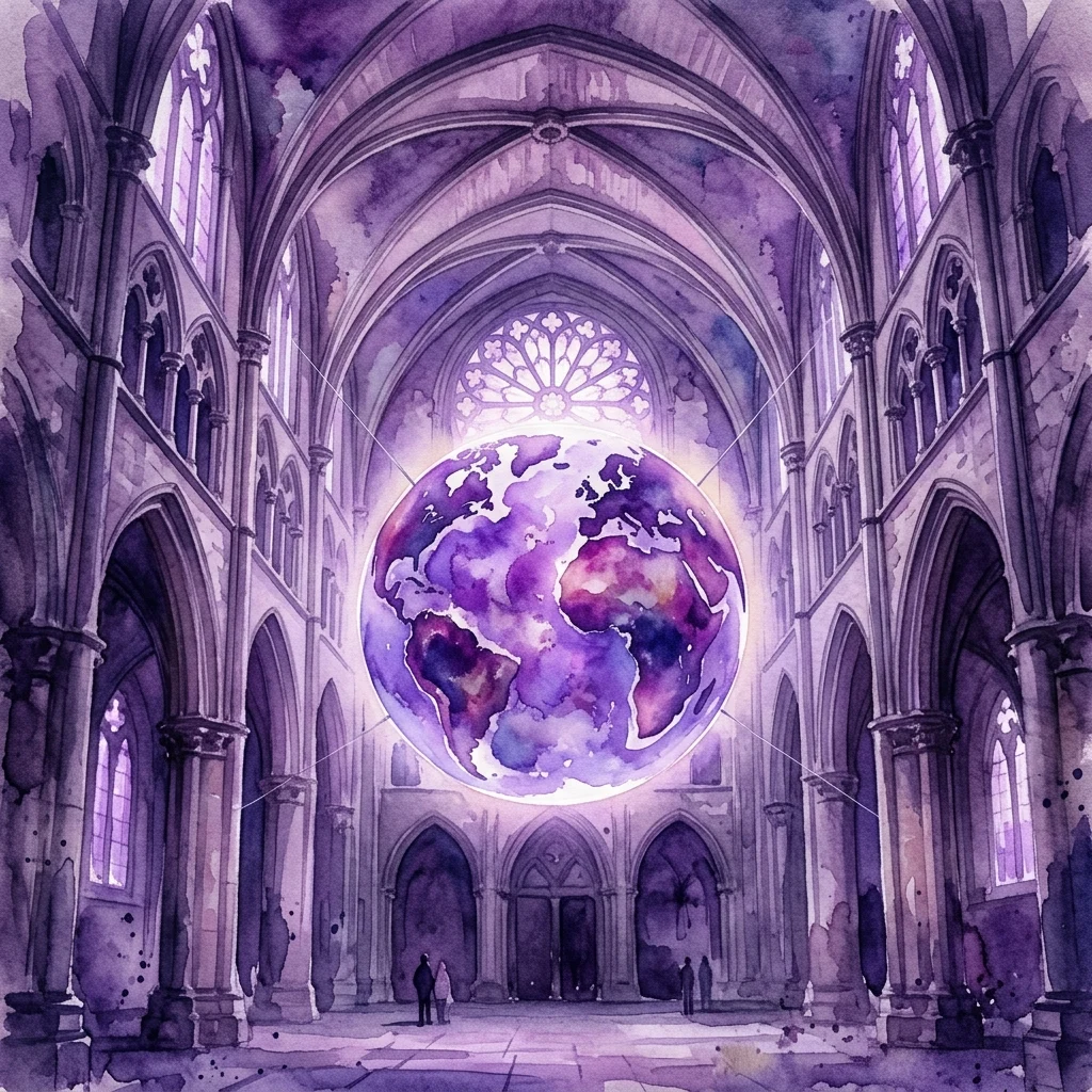 Ilustración en acuarela de la escultura Gaia de Luke Jerram, que representa la Tierra, suspendida en el interior de una catedral gótica con techos abovedados y un rosetón.