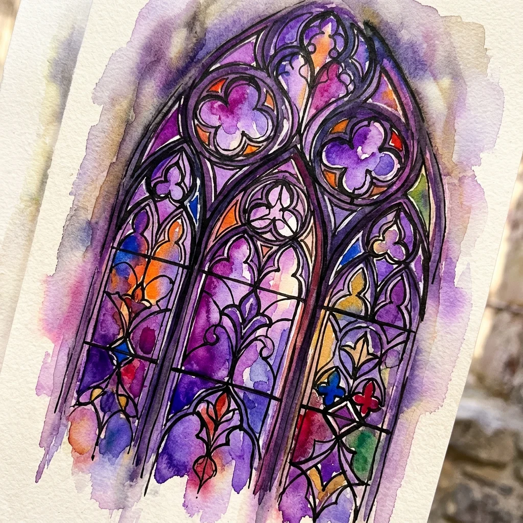 Vibrant watercolor painting of a Gothic arch stained-glass window with intricate tracery, featuring rich purple, orange, blue, and gold floral motifs rendered in fluid, glowing hues.