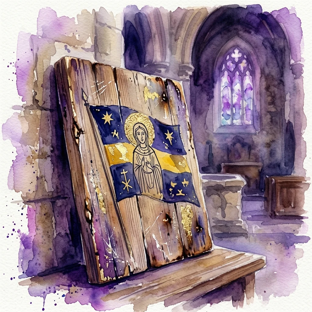 Weathered wooden panel artwork with gold leaf and a haloed figure, painted with a national flag, displayed in a Gothic church interior with a stained glass window.