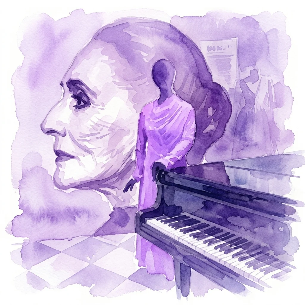 Waterverfillustratie van Soňa Červená, een vooraanstaand operazangeres, met een piano en podiumkostuum op de achtergrond, ter herdenking van haar leven en carrière in het Tsjechisch Muziekmuseum.