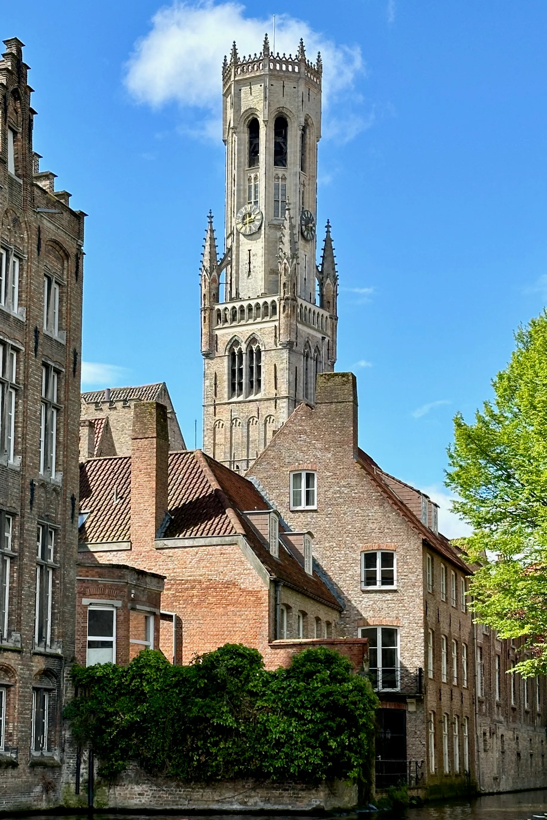 The Belfry of Bruges tower rising above brick buildings along a canal, with clock faces, Gothic spires, and green trees against a blue sky
