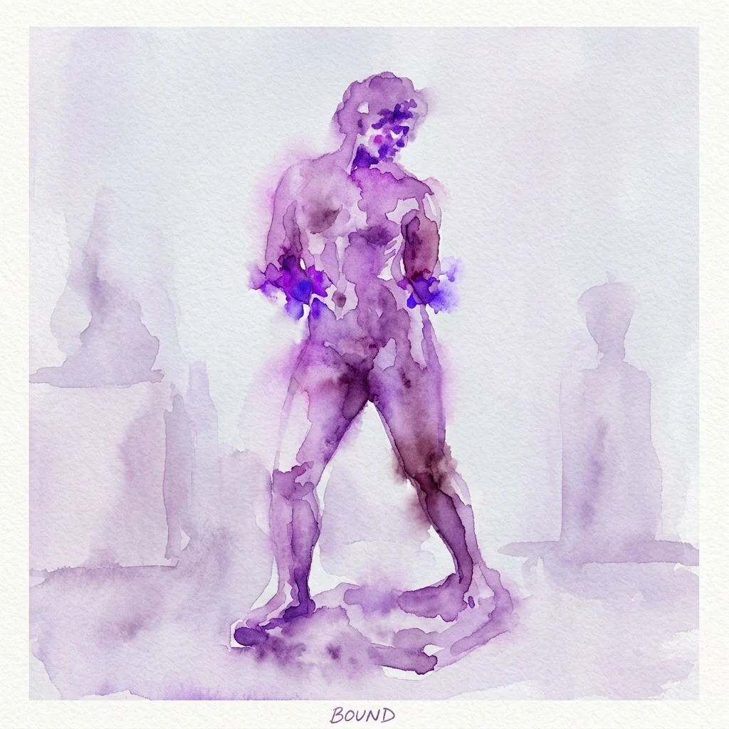A watercolor artwork depicting a bound human figure in purple hues, conveying struggle and restraint, with the word 'BOUND' at the bottom.