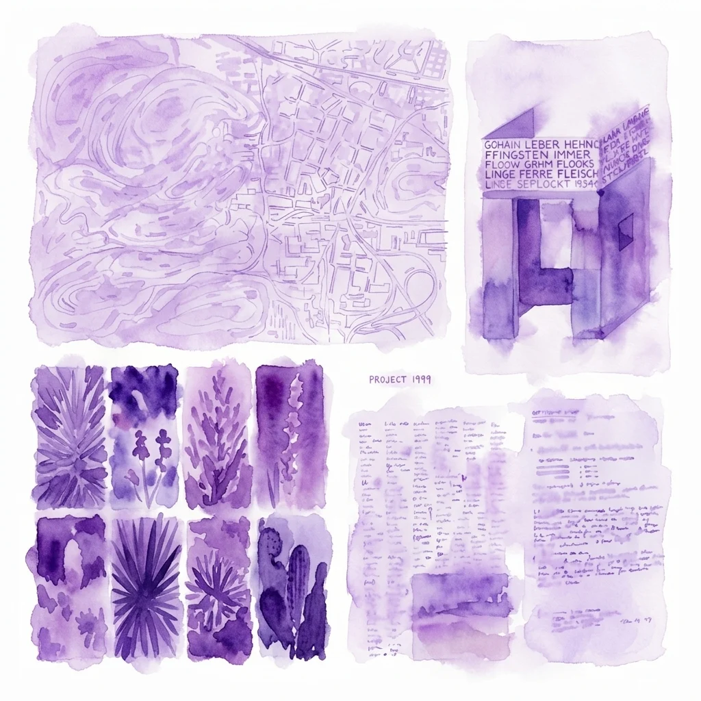 A mixed-media collage titled 'Art Project in Singen' by Lois and Franziska Weinberger, created in 1999, featuring purple watercolor drawings, photographs, and text on paper.