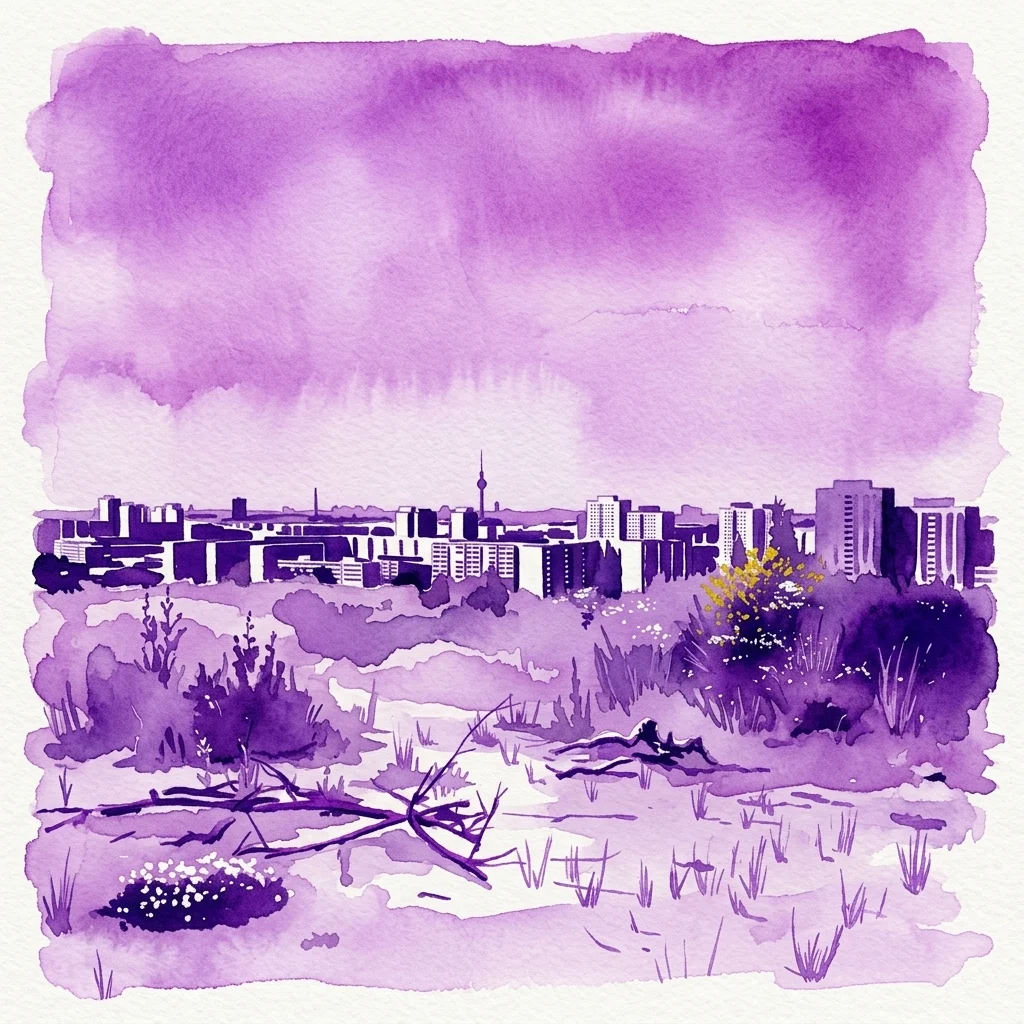 A purple watercolor painting of the Berlin-Marzahn skyline, featuring residential buildings and the Fernsehturm tower, with overgrown vegetation in the foreground.