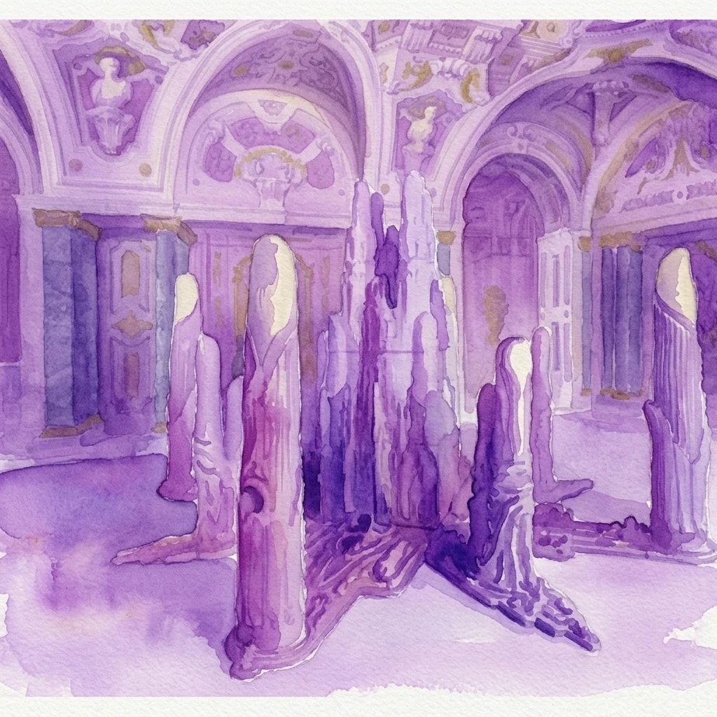 A watercolor rendering of Elmar Trenkwalder's contemporary sculptures in the Baroque Carlone Hall at the Upper Belvedere, featuring biomorphic forms and ornate details in a purple and gold palette.