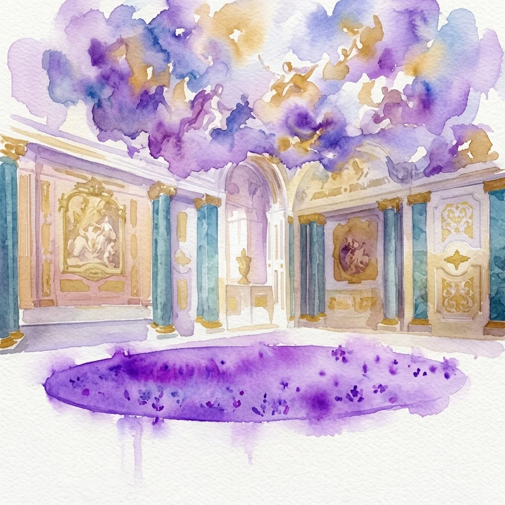 Una ilustración en acuarela de un salón barroco con una gran disposición elíptica de flores de lavanda morada en el suelo, debajo de un techo con frescos.