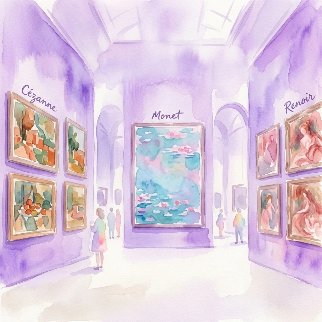 Una ilustración en acuarela de una galería de arte con pinturas de Cézanne, Monet y Renoir en exhibición, mostrando obras maestras del impresionismo francés en un entorno teñido de púrpura.