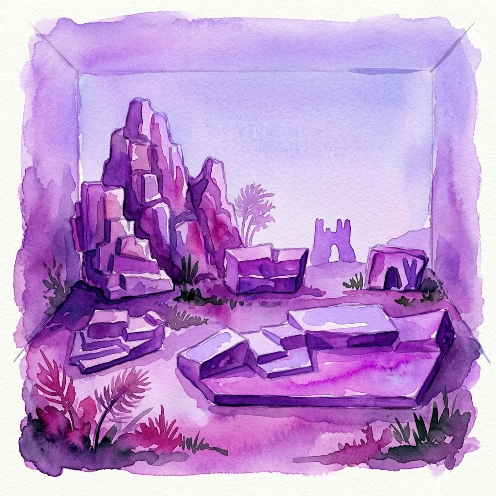 Ilustración en acuarela de un modelo de escenario de cinco partes que representa un paisaje montañoso con formaciones rocosas y vegetación escasa, diseñado por Fritz Wotruba para 'Das Rheingold' de Wagner en la Deutsche Oper de Berlín, 1967.