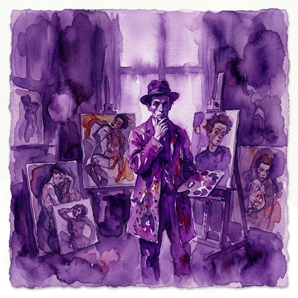 Una ilustración en acuarela de Egon Schiele en su estudio, rodeado de sus autorretratos y estudios de figuras, representada en una paleta de púrpuras melancólicos.