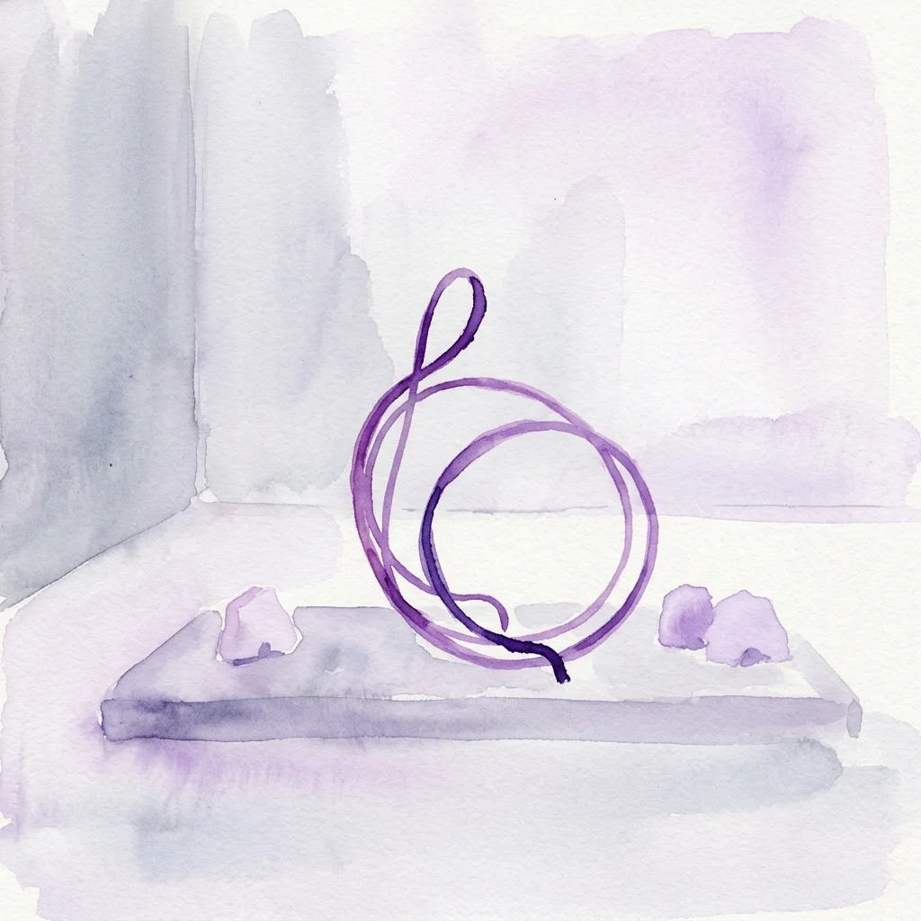 Una ilustración en acuarela de una escultura abstracta morada que se asemeja a una clave de sol, colocada sobre una base rectangular con pequeñas piedras, sobre un fondo suave de color morado y gris.