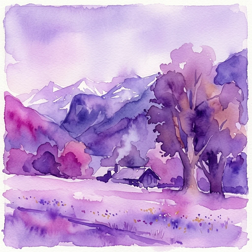 Een aquarel landschapsschilderij in paarse en roze tinten, dat een bergachtig tafereel met bomen, een klein huis en een reflecterende voorgrond weergeeft, wat een serene natuurlijke omgeving oproept.