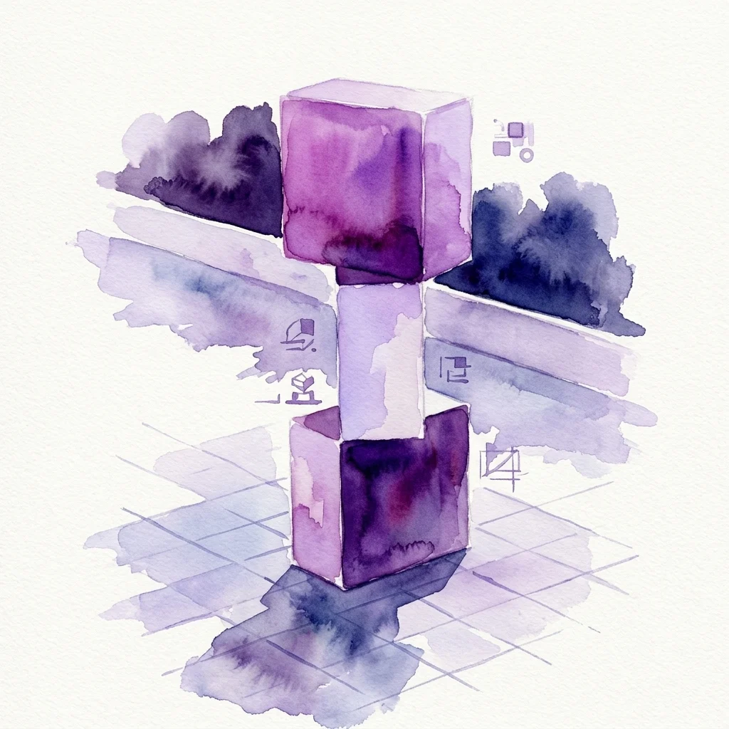 Ilustracja akwarelowa rzeźby Rolanda Goeschla «Formation of a column», przedstawiająca ułożone w stos formy sześcienne w kolorze fioletowym i białym, z kratownicą podłogi i abstrakcyjnym tłem.