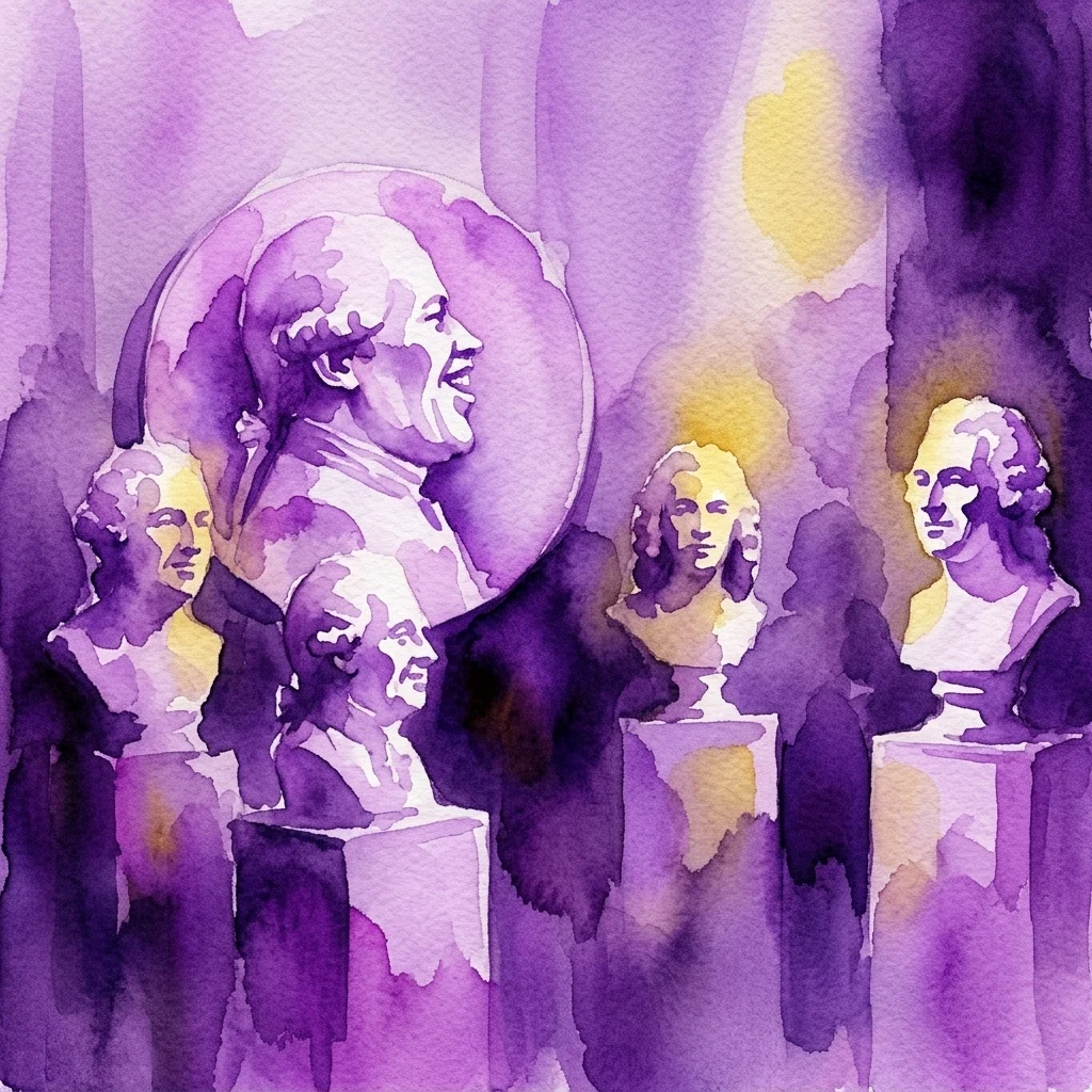Ilustración en acuarela de bustos esculturales con rostros expresivos, representando las Cabezas de Carácter de Franz Xaver Messerschmidt, expuestas en una galería de museo con iluminación púrpura y amarilla.