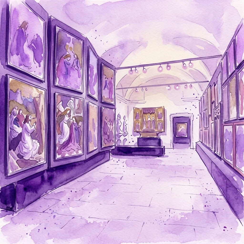 Ilustracja akwarelowa Galerii Średniowiecza i Renesansu, przedstawiająca długą galerię z łukowatymi sufitami, fioletowymi ścianami i oprawionymi dziełami sztuki religijnej, w tym malarstwem tablicowym i rzeźbami.