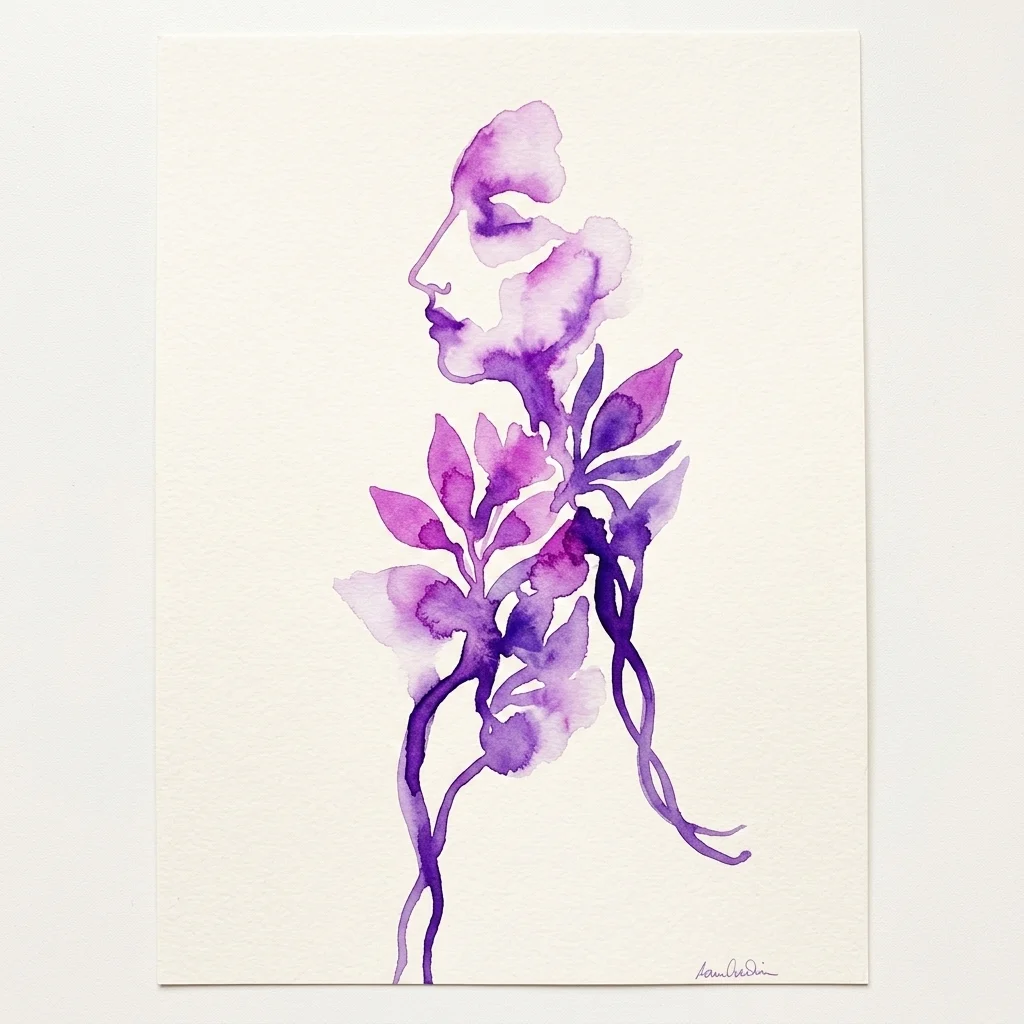 Una obra de arte en acuarela púrpura que representa un perfil humano estilizado emergiendo de formas florales y de hojas, firmada por el artista en la esquina inferior derecha.