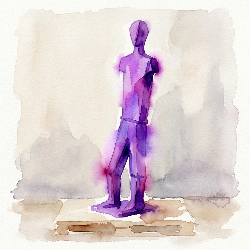 Una ilustración en acuarela de 'Große Stehende Figur I' de Fritz Wotruba, una monumental escultura abstracta de bronce que representa una figura humana de pie con formas geométricas en tonos púrpuras y marrones.