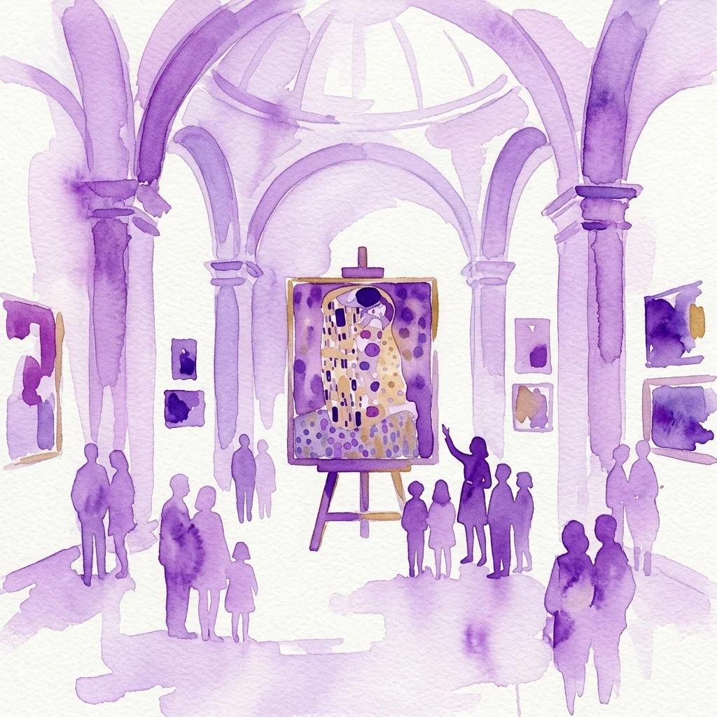 Una ilustración en acuarela de una galería de museo con visitantes admirando 'El Beso' de Gustav Klimt en un caballete, rodeada de otras obras de arte en un gran salón con techos abovedados.