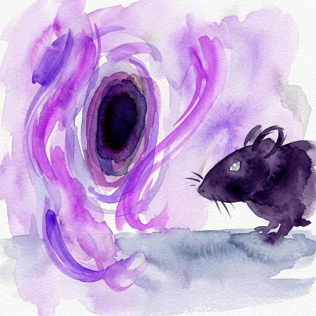 Abstract watercolor painting featuring a dark animal figure observing a swirling purple vortex, created by Hubert Scheibl.