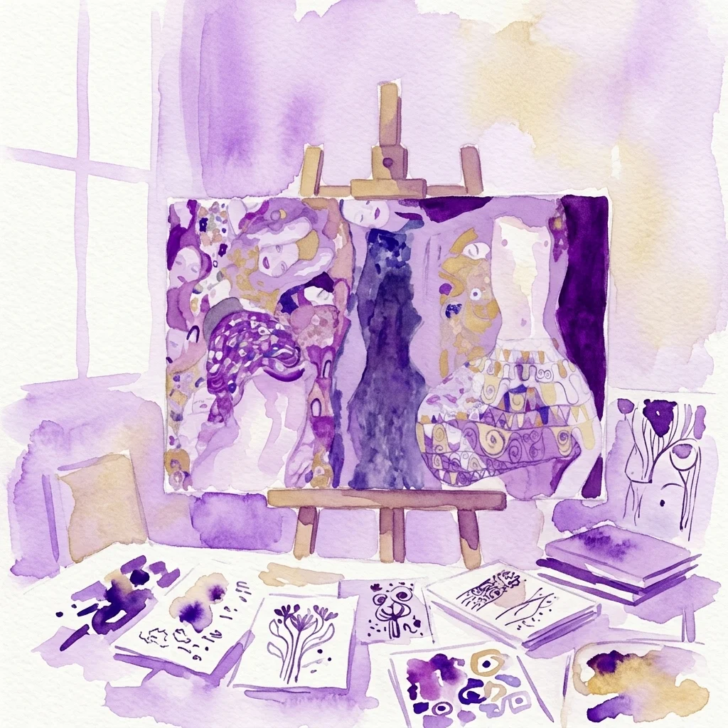 Una ilustración en acuarela del estudio de Gustav Klimt con su pintura inacabada 'La Novia' sobre un caballete, rodeado de bocetos, libros y materiales de arte, evocando la era del Modernismo Vienés.