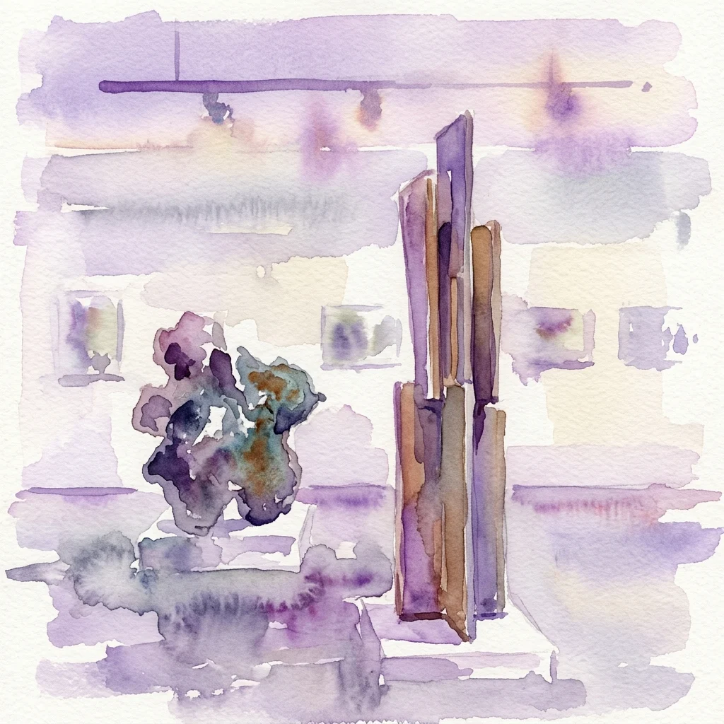 Ilustracja akwarelowa przestrzeni galerii z abstrakcyjnymi rzeźbami, w tym ciemną organiczną formą i pionowymi elementami drewnianymi, w fioletowym oświetleniu.