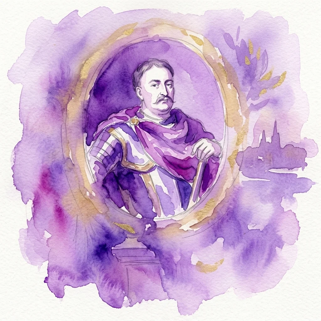 Portret akwarelowy polskiego króla Jana III Sobieskiego w siedemnastowiecznej zbroi i purpurowym płaszczu, oprawiony w owal ze złotymi akcentami i purpurową podmalówką, symbolizujący jego rolę w historii Wiednia i zwycięstwo militarne.